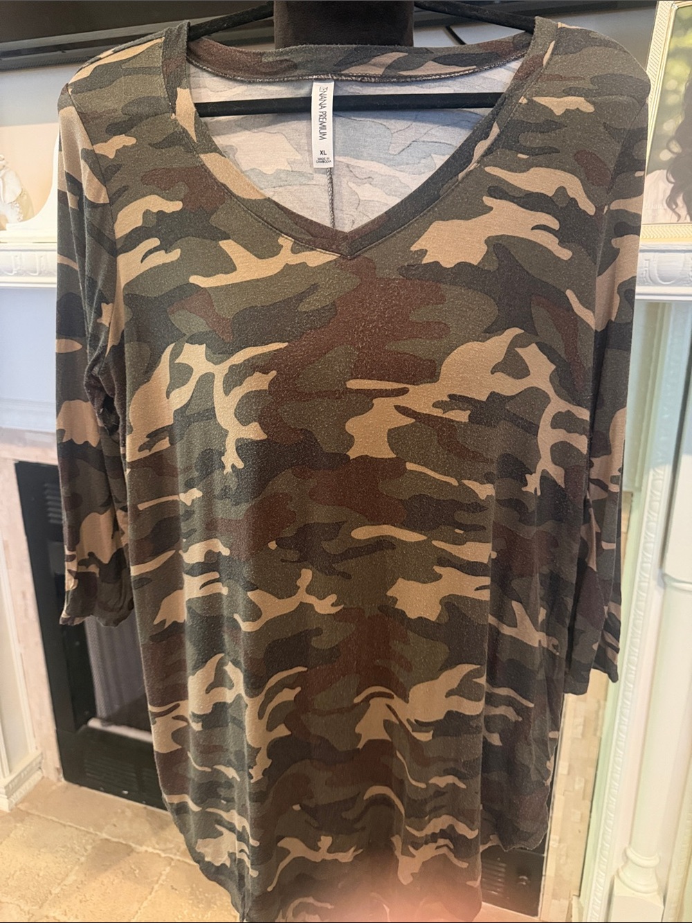 Zenana Outfitters Camo V-Neck Tunic in Green and Brown